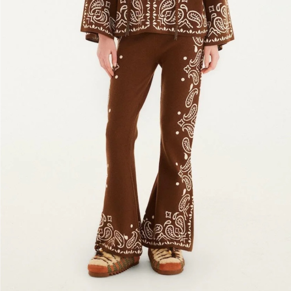 FARM Rio Brown Bohemian Paisley Flare Knit Pants